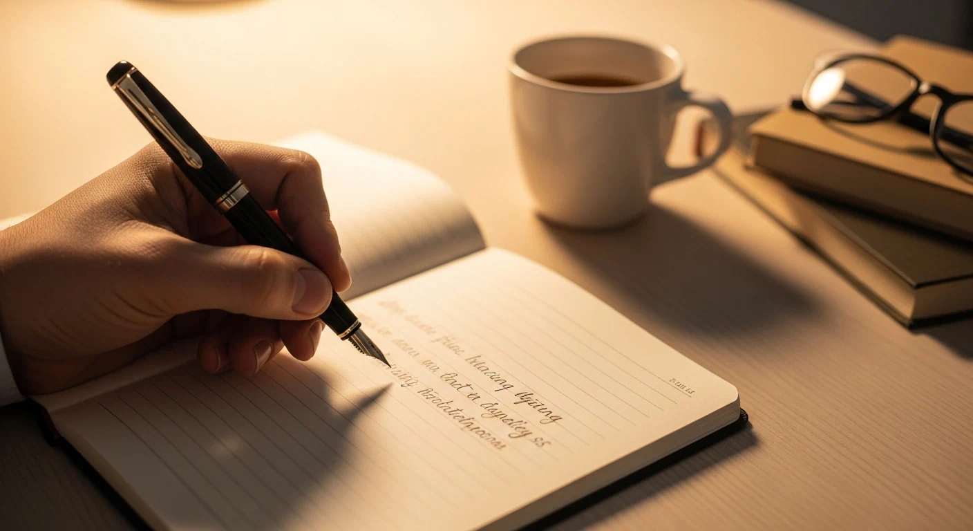 ノートに書く手とコーヒーの作業風景