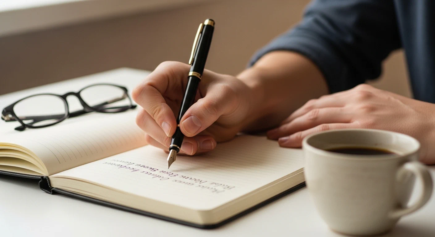 ノートに手書きする仕事中のビジネスパーソン